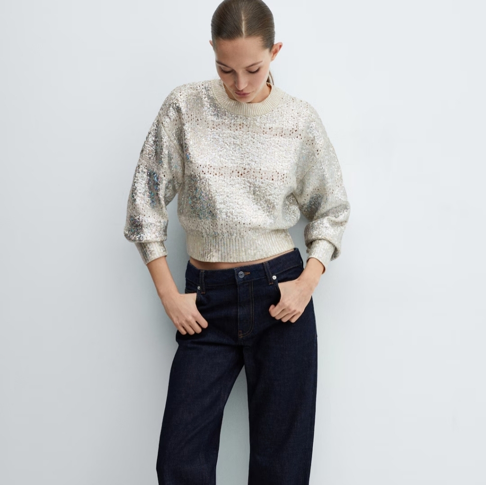 Mango MNG Iridescent Foil Sweater Open Work Coated Rainbow Long Sleeve Crop Sz S